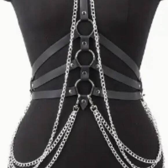 PU Leather Draped Layered Chain Choker Harness - Picture 5 of 6